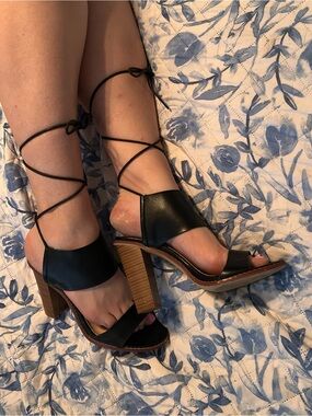 Liliana Black Lace-Up Block Heel Sandals with Wood-Effect Heel
